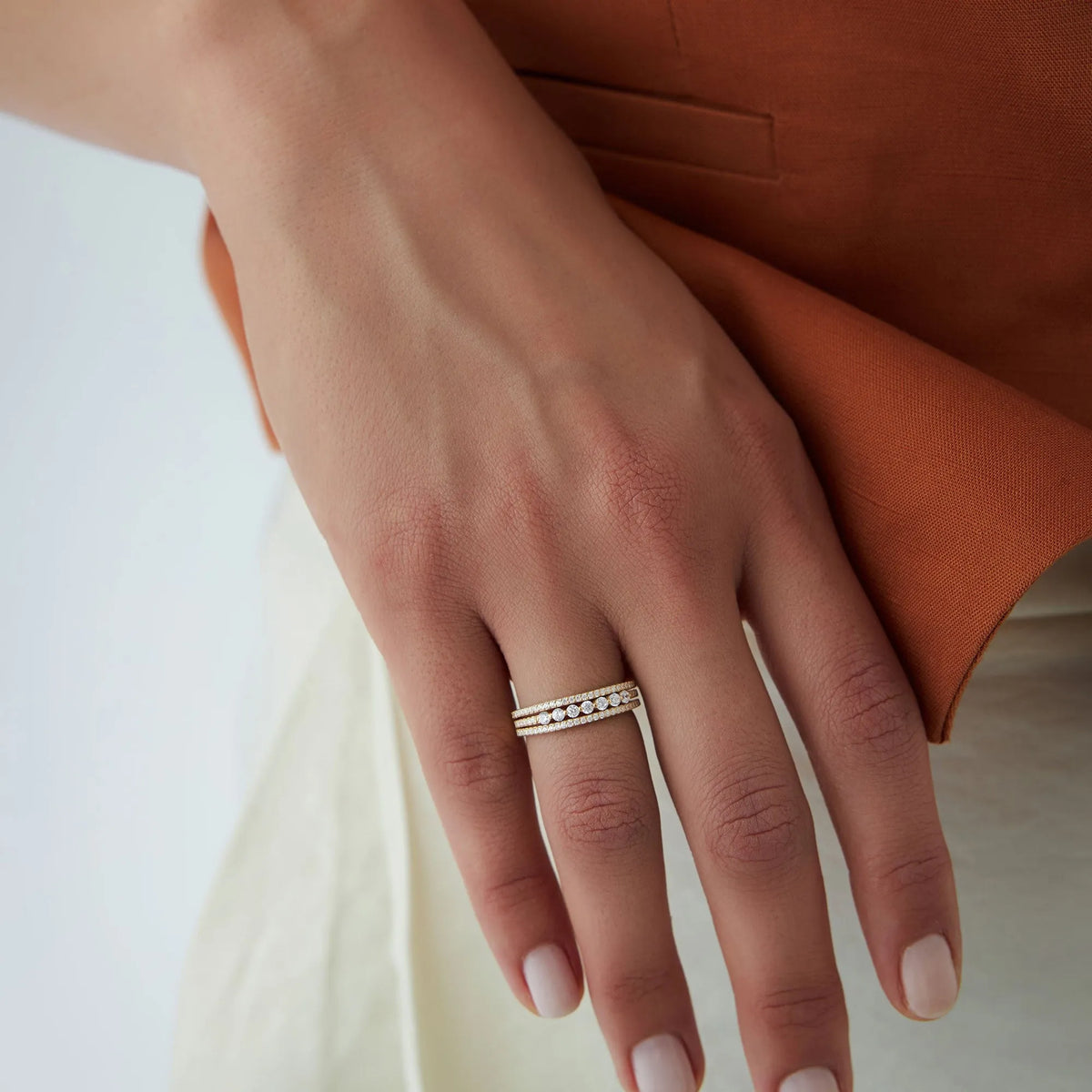 14k Solid Gold Round Diamond Triple Row Stacking Wedding Ring 0.57 Carat