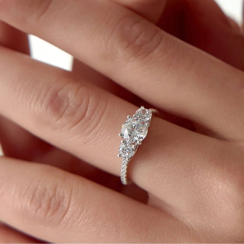 14k Gold Lab Grown Diamond Round Engagement Ring 1.65 CTW Three Stone Pave Shank