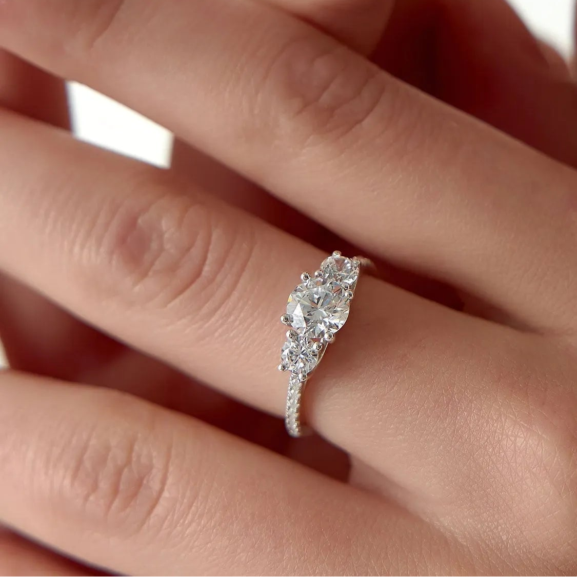 14k Gold Lab Grown Diamond Round Engagement Ring 1.65 CTW Three Stone Pave Shank