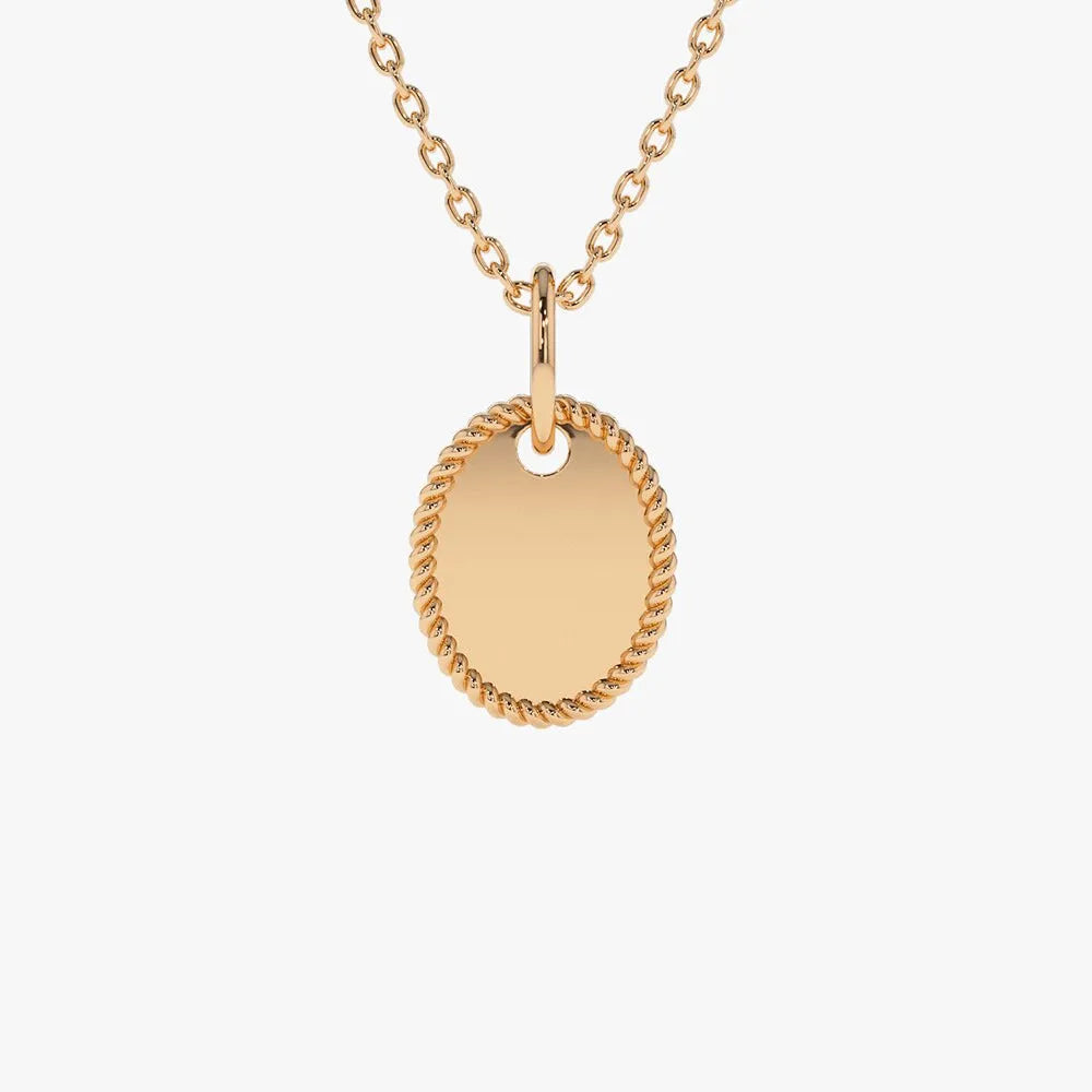 14k Solid Gold Personalized Mini Oval Initial Tag Pendant Necklace with Twist Rope Frame