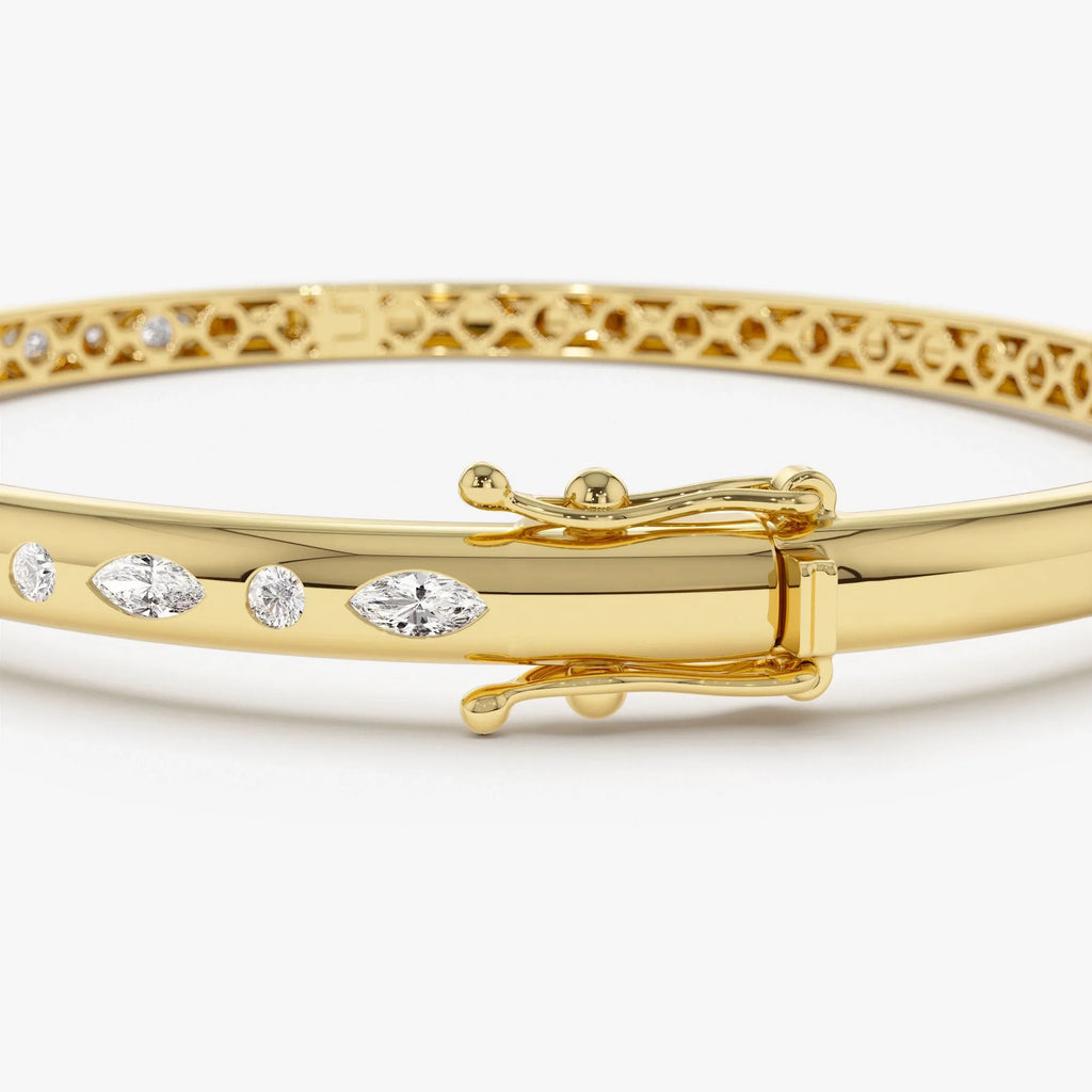14K Solid Gold 0.65 CTW Marquise and Round Diamond Flush Setting Bangle