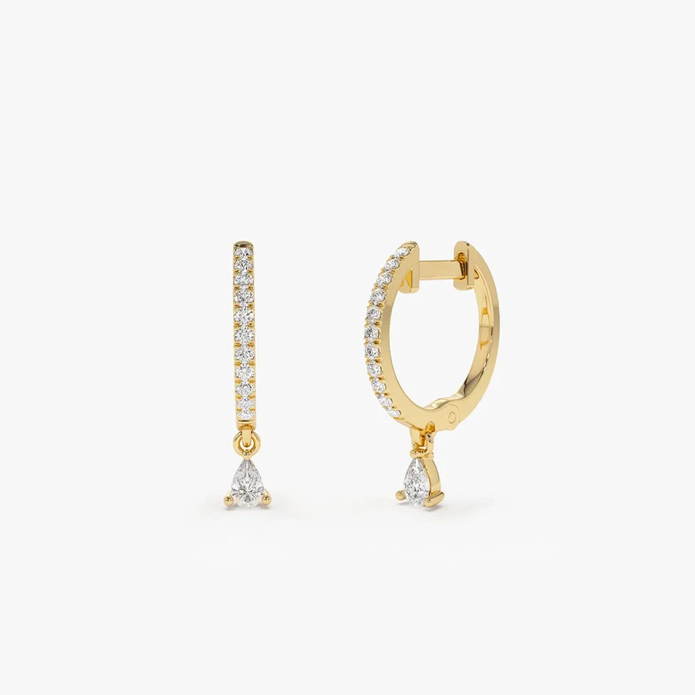 14k Gold Diamond Pear and Round Cut Dangling Huggie Earrings Prong Micro Pave 0.29 ctw