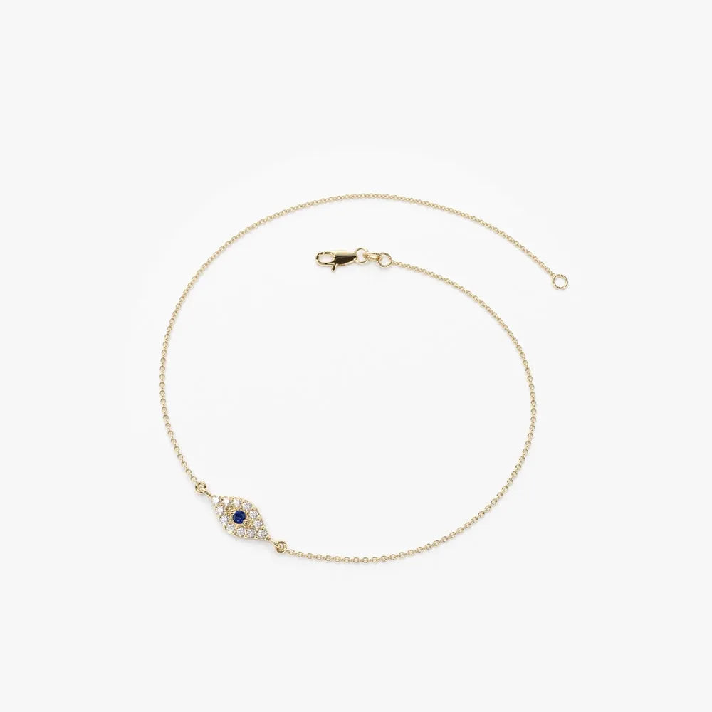 14K Solid Gold Round Diamond and Blue Sapphire Evil Eye Micro Pave Bracelet