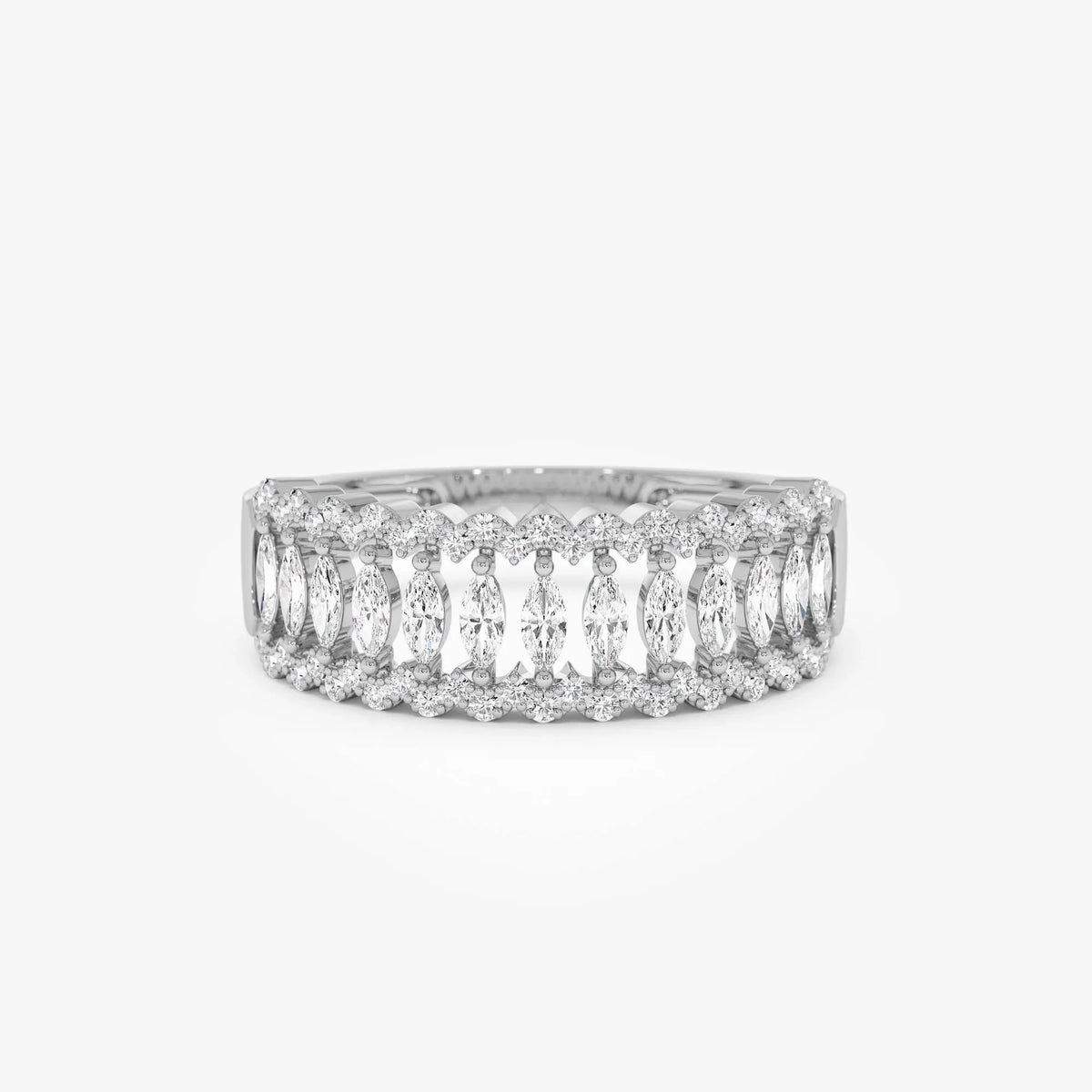 14k Solid Gold Marquise and Round Diamond 0.58 Carat Wide Pave Band Ring