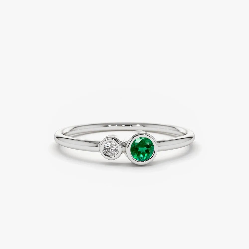 14K Solid Gold Round Emerald and Diamond Bezel Set Ring 0.17 CTW Handcrafted Jewelry