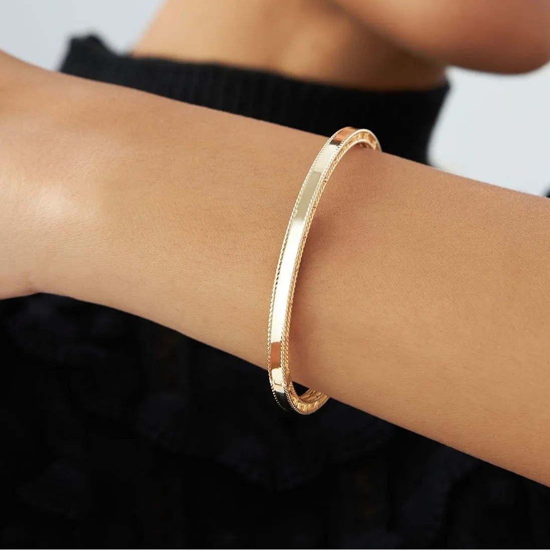 14K Solid Gold Wide Milgrain Edge Bangle Bracelet