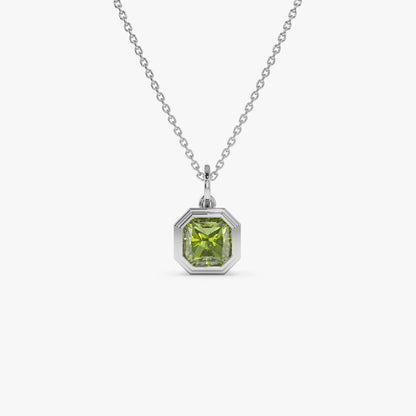 14k Solid Gold Peridot Asscher Cut Necklace 1.20 Carat Bezel Setting