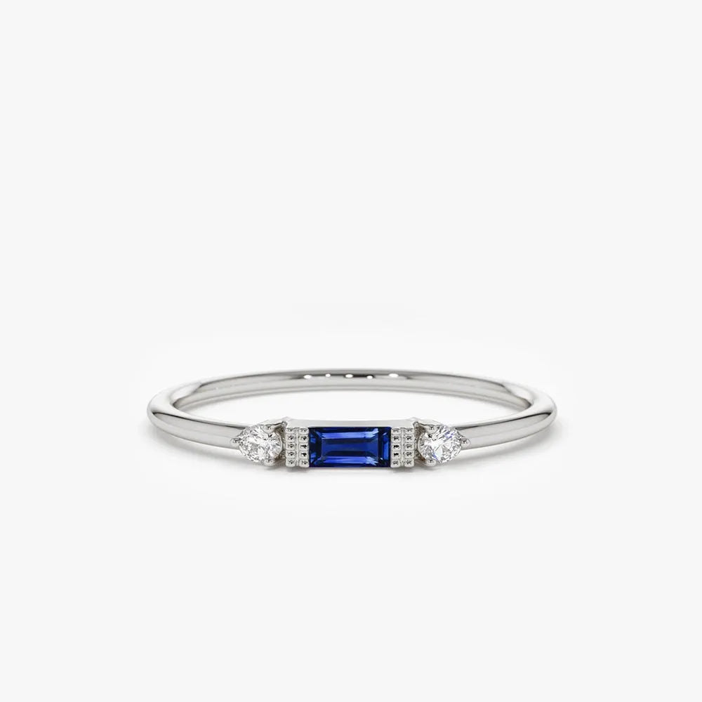 14k Gold Blue Sapphire and Diamond Baguette Cut Ring 0.384 ctw