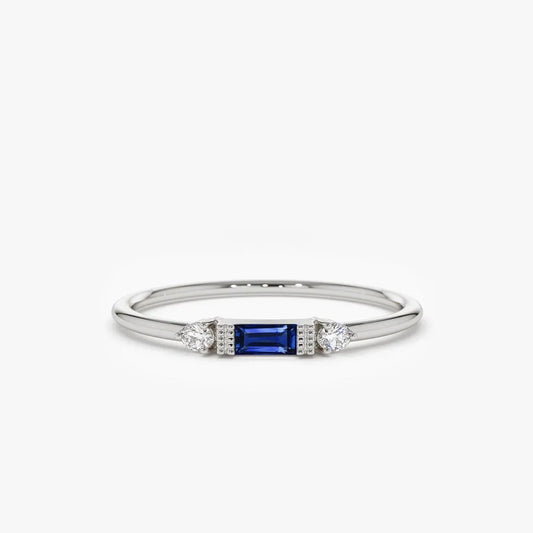 14k Gold Blue Sapphire and Diamond Baguette Cut Ring 0.384 ctw