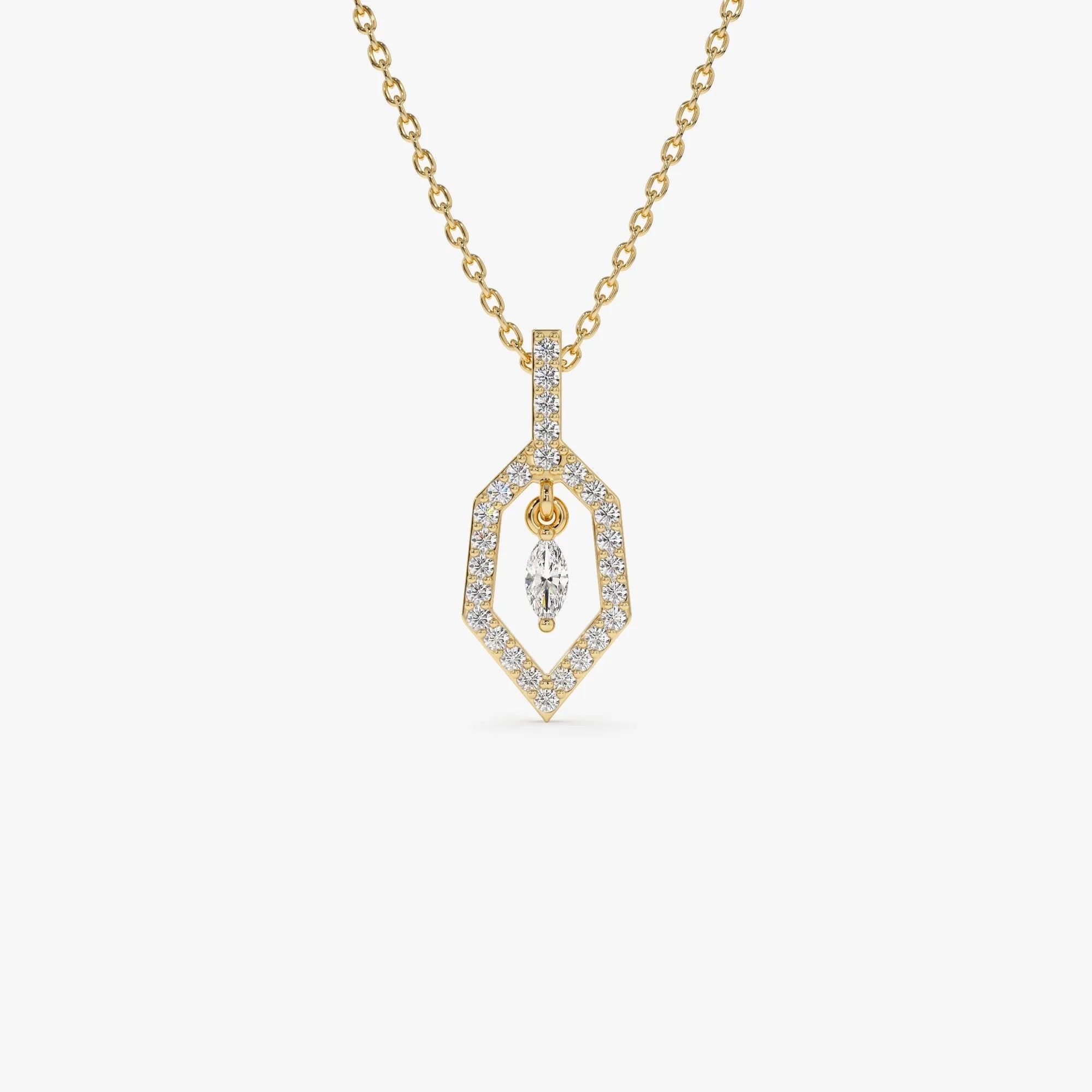 14K Solid Gold 0.20 CTW Round and Marquise Diamond Dangle Necklace