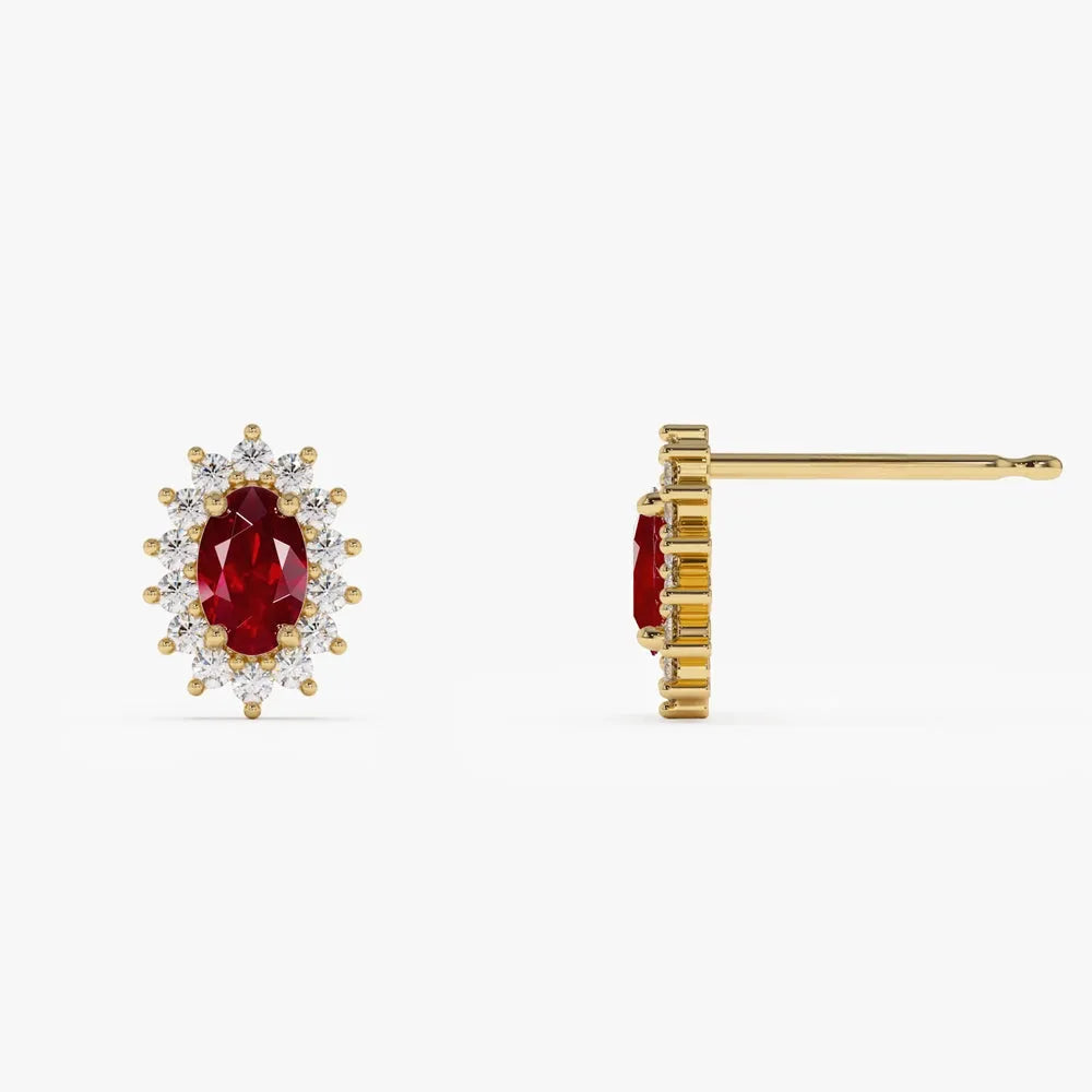 14k Gold Ruby and Diamond Oval Cut Stud Earrings 0.78 ctw