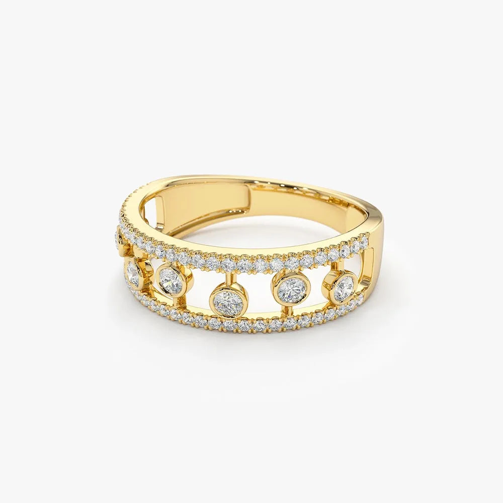 14k Gold Round Diamond 0.48ctw Double Row Pave Floating Bezel Set Ring