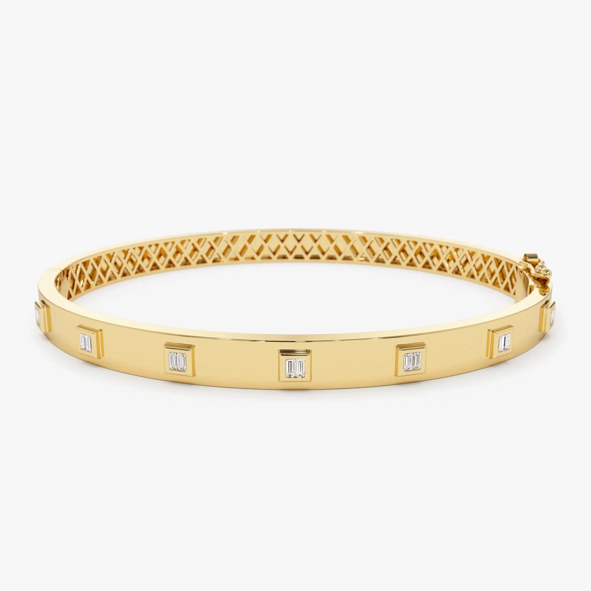 14K Solid Gold 0.20 CTW Baguette Diamond Bezel Set Statement Bangle