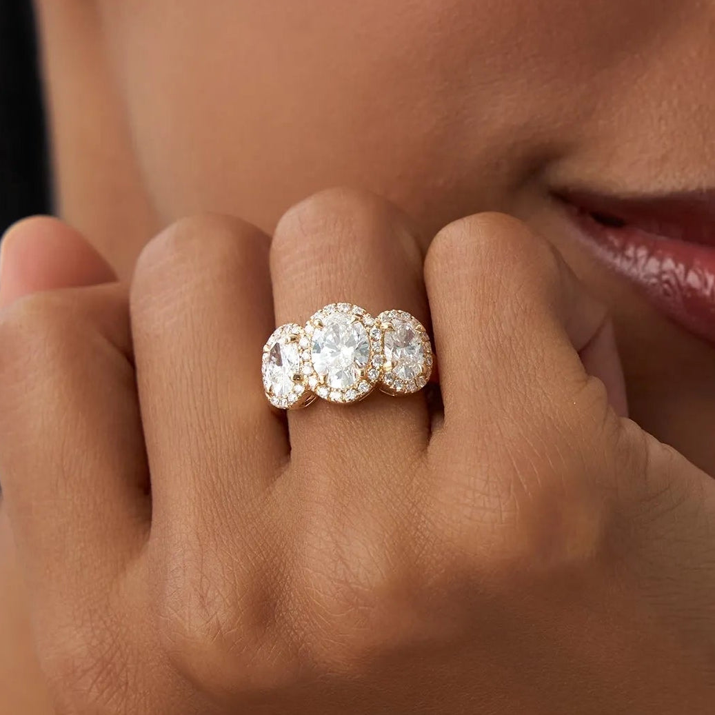14K Gold 3.35 ctw Lab Grown Diamond Oval Cut Three Stone Halo Engagement Ring