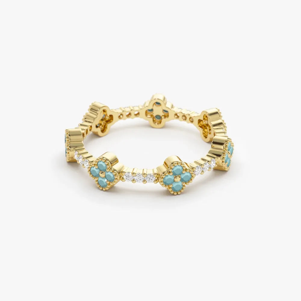 14K Gold Clover Turquoise and Diamond 0.44ctw Full Eternity Ring