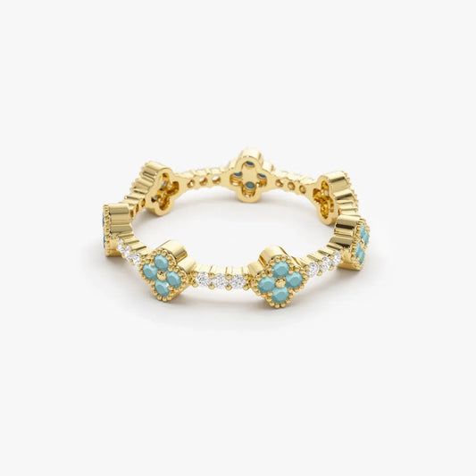 14K Gold Clover Turquoise and Diamond 0.44ctw Full Eternity Ring