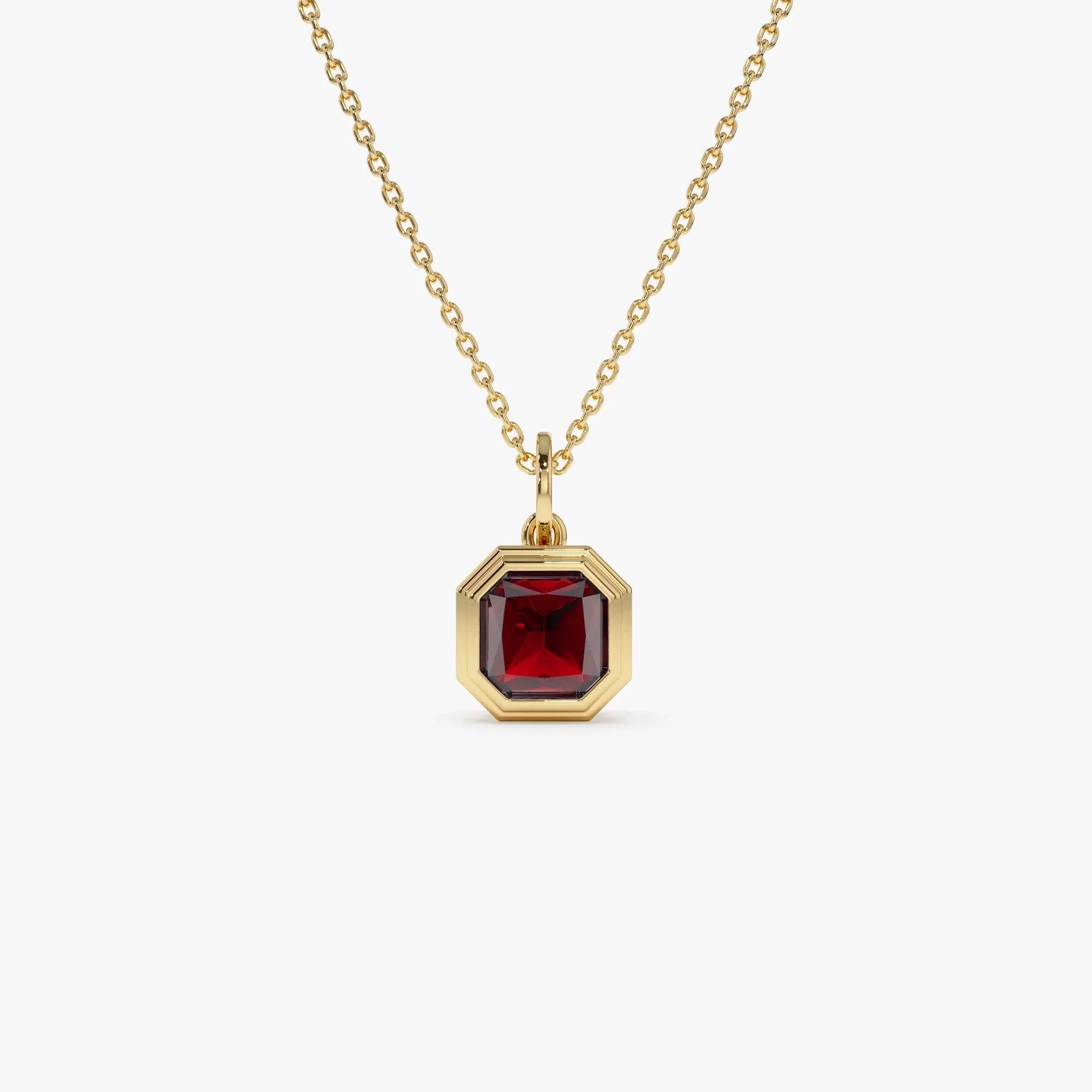 14k Solid Gold Garnet Asscher Cut Necklace 1.35 Carat Bezel Setting