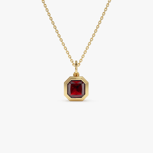 14k Solid Gold Garnet Asscher Cut Necklace 1.35 Carat Bezel Setting