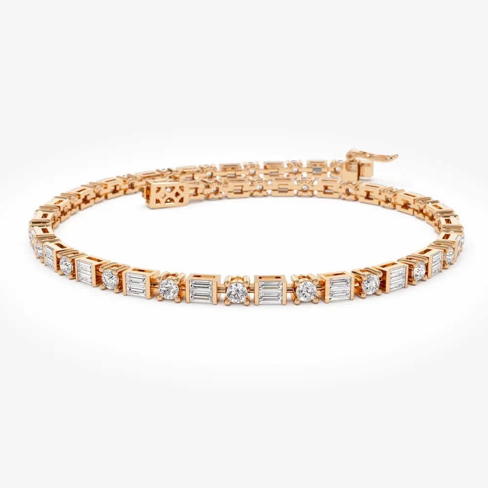 14K Solid Gold 2.40 CTW Baguette and Round Diamond Tennis Bracelet