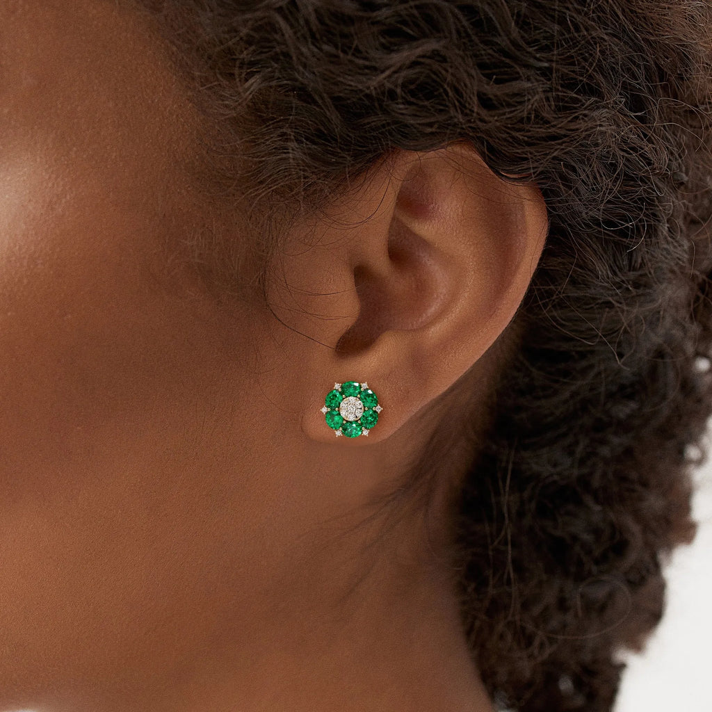 14k Gold Lab Grown Colombian Emerald and Diamond Oval Cut Cluster Stud Earrings 4.70 ctw