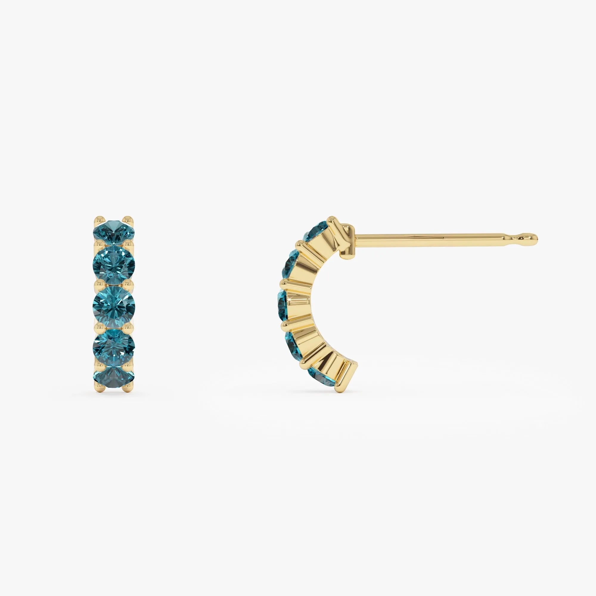 14K Solid Gold Round London Blue Topaz Prong Set Half Hoop Earrings 1.50ctw
