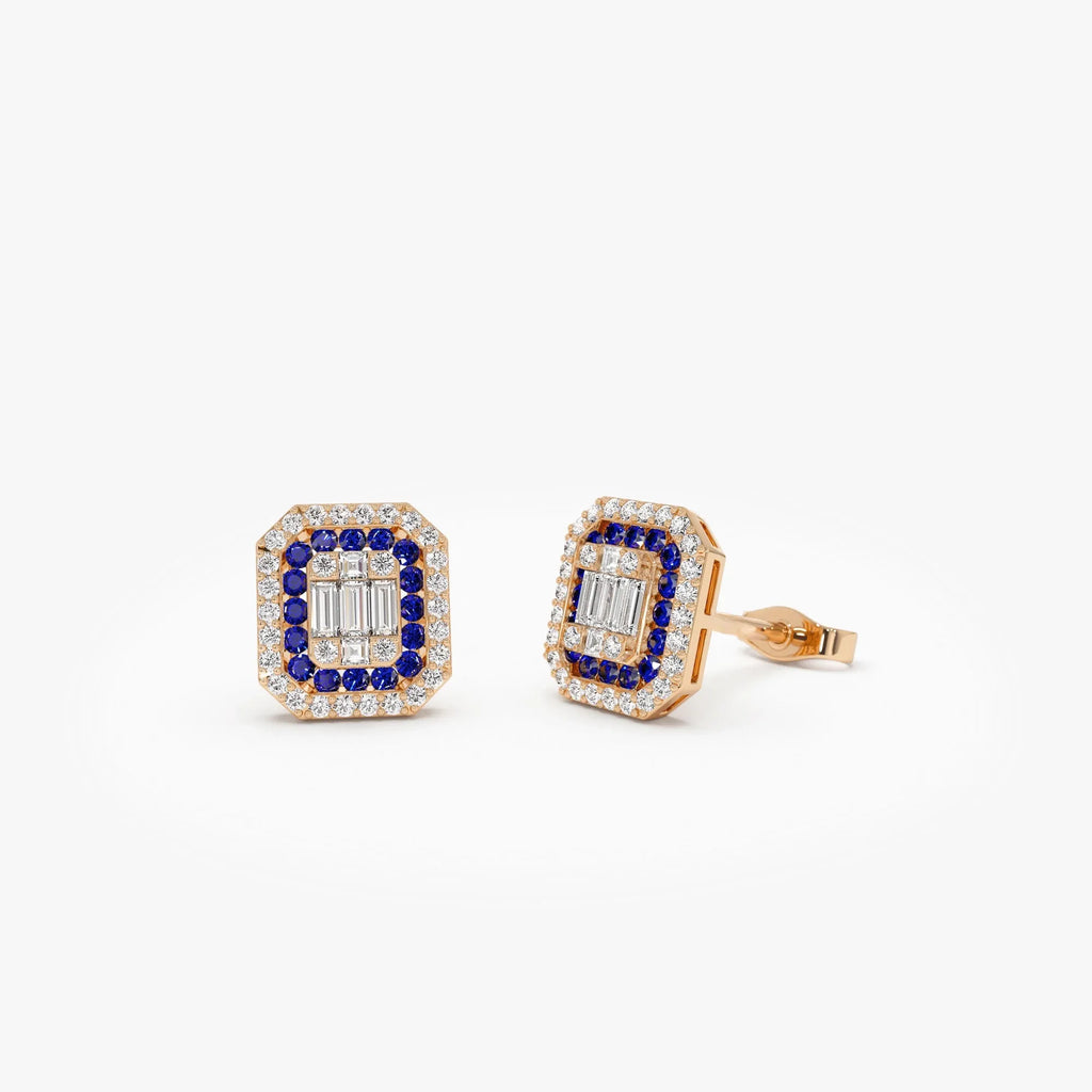 14k Solid Gold Round Sapphire and Baguette Diamond Halo Stud Earrings 0.70 ctw