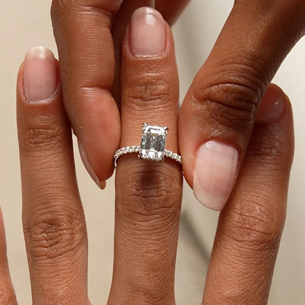 14k Gold 2.45 Ctw Emerald Cut Lab Grown Diamond Pavé Hidden Halo Engagement Ring Aurelia