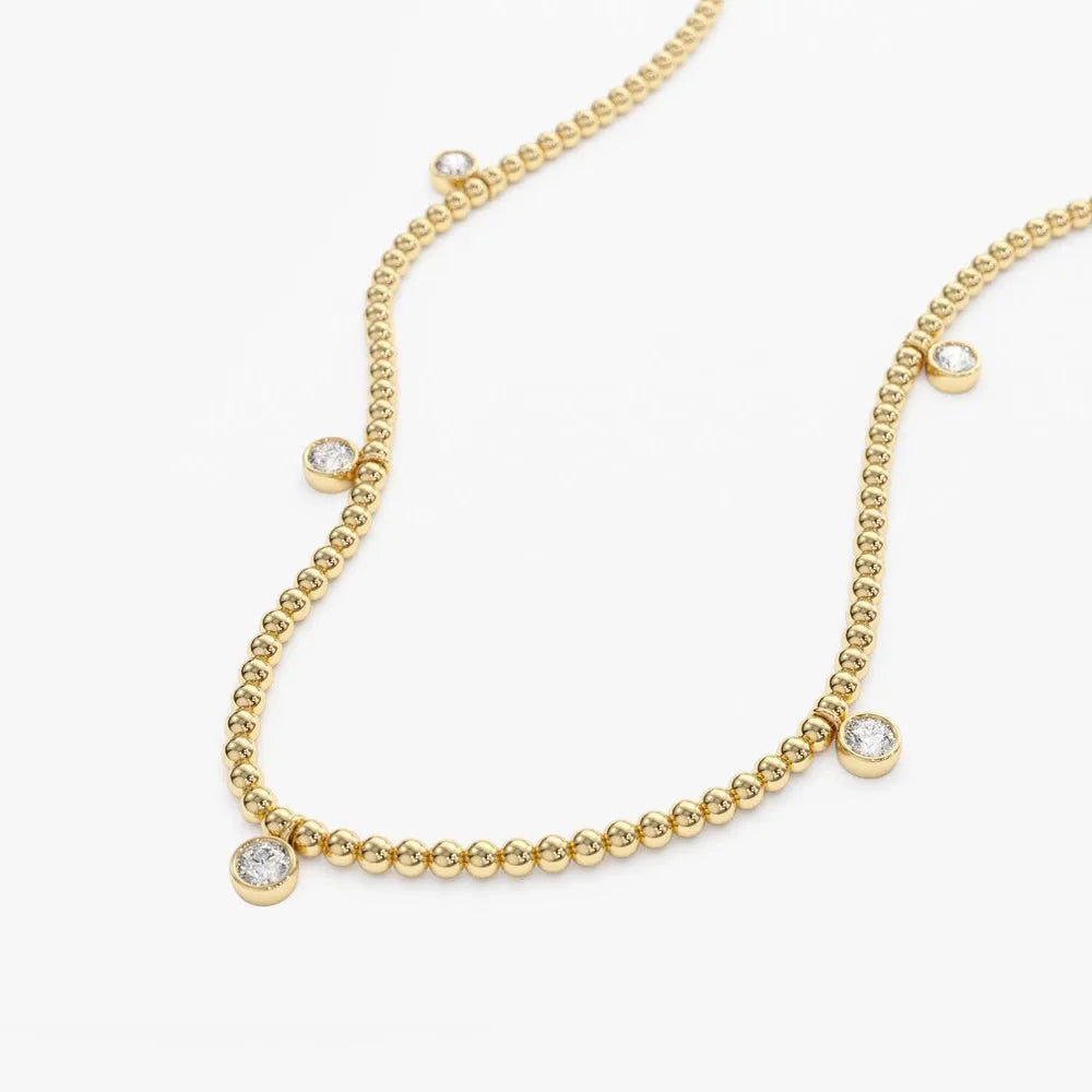 14K Solid Gold Round Diamond 5 Stone Dangling Bezel Set 2mm Bead Necklace 0.36ctw