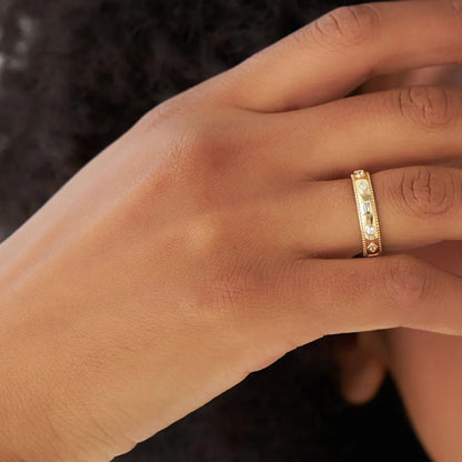 14K Solid Gold Round and Baguette Diamond 0.16 Carat Mixed Shape Band