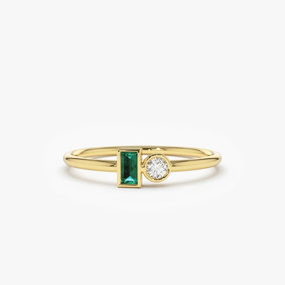 14K Solid Gold Baguette Emerald and Round Diamond Bezel Set Stackable Ring 0.13 CTW