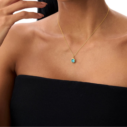 14k Solid Gold London Blue Topaz Asscher Cut Necklace 1.20 Carat Bezel Setting