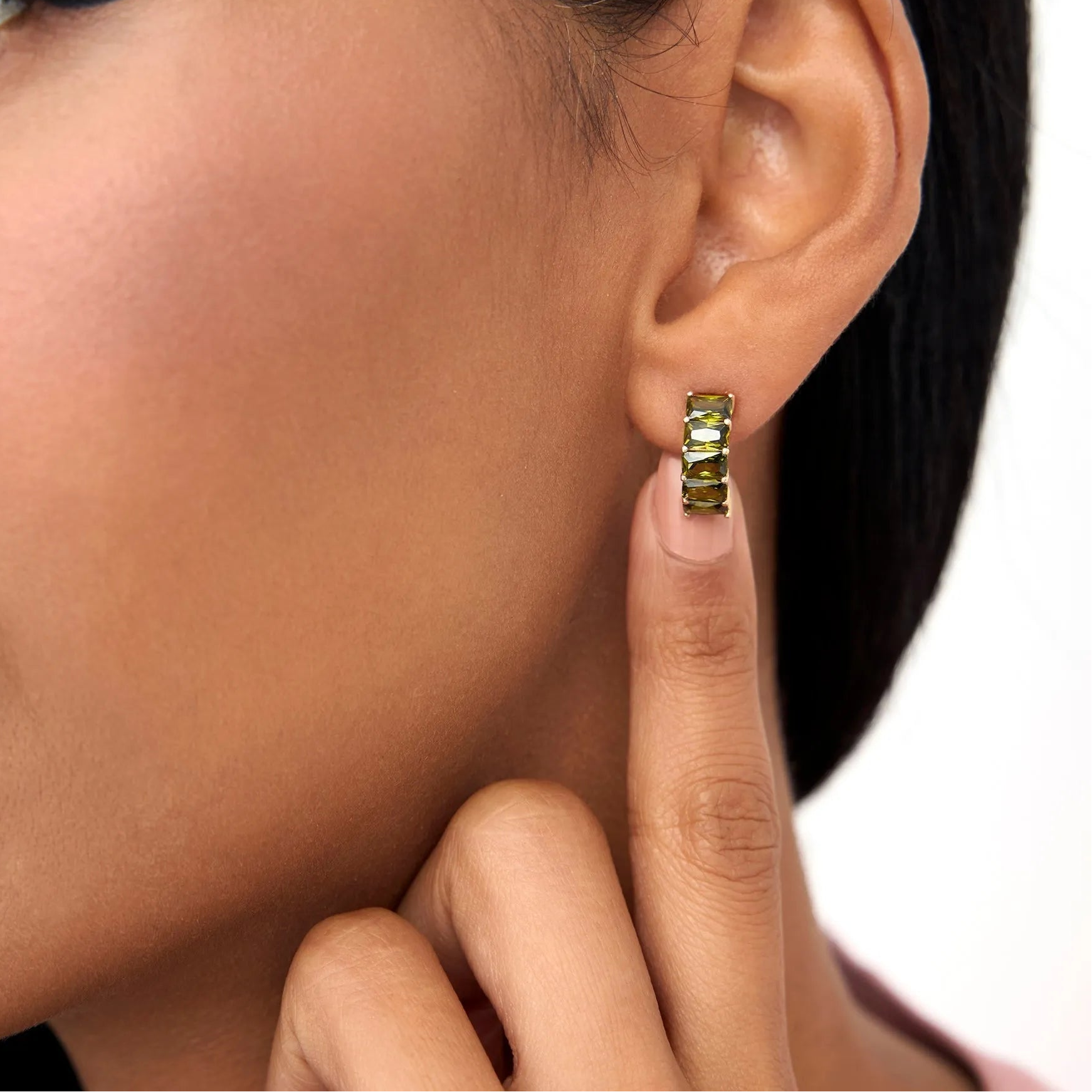 14K Solid Gold Octagon Cut Peridot Half Hoop Earrings 2.80ctw