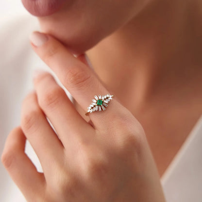 14K Gold Square Emerald and Baguette Diamond Ring 0.56 CTW Handcrafted Jewelry
