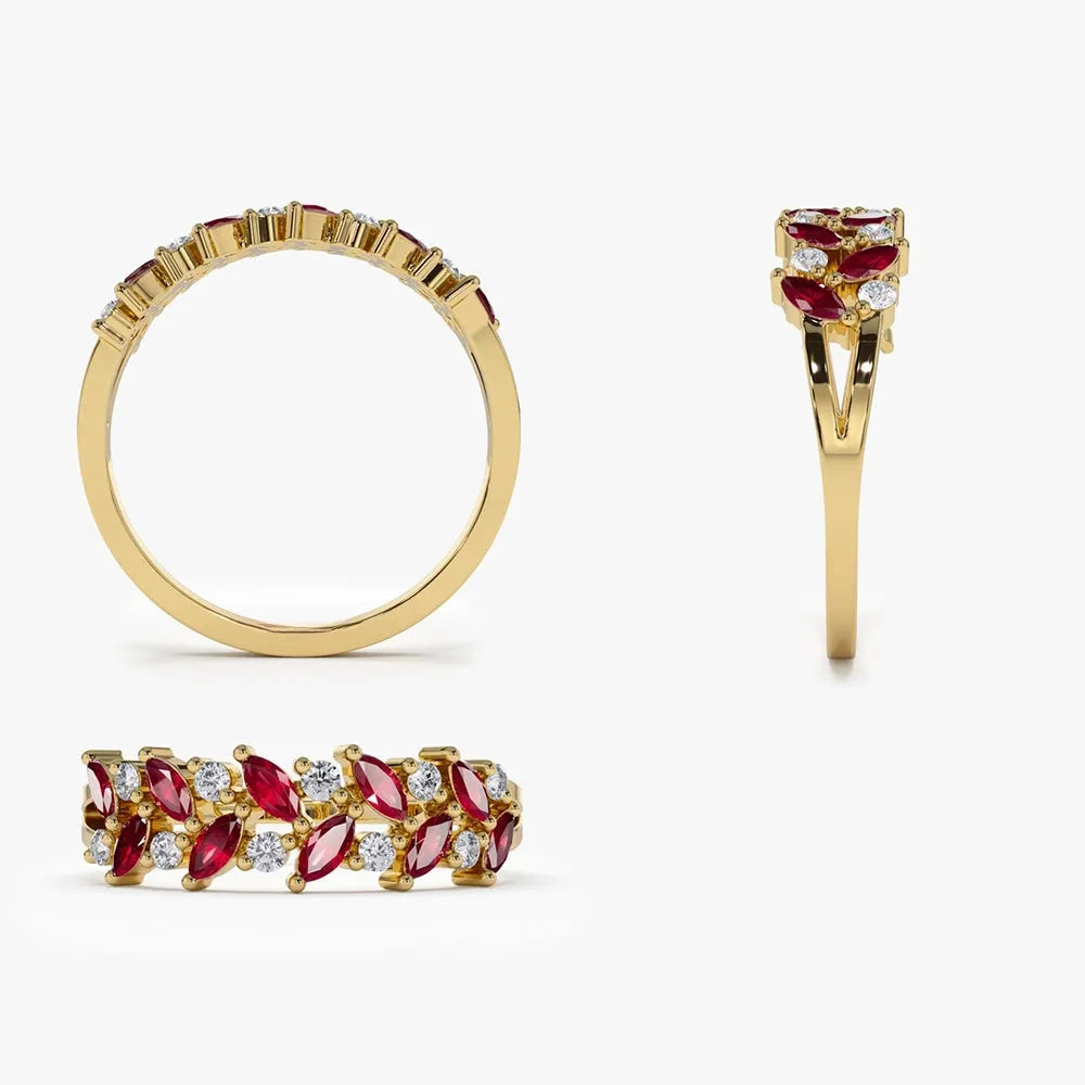 14k Gold Natural Ruby and Diamond Marquise and Round Cut Two Row Ring 0.65 ctw