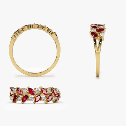 14k Gold Natural Ruby and Diamond Marquise and Round Cut Two Row Ring 0.65 ctw