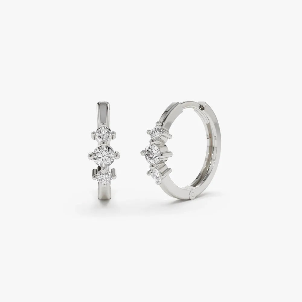 14k Gold Diamond Round Cut Three Stone Mini Huggie Earrings 0.23 ctw