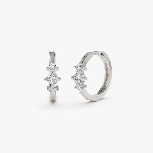 14k Gold Diamond Round Cut Three Stone Mini Huggie Earrings 0.23 ctw