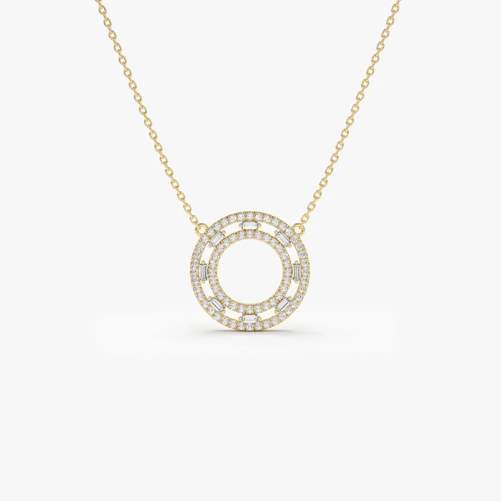 14k Solid Gold Round and Baguette Diamond Full Circle Necklace 0.44 Carat