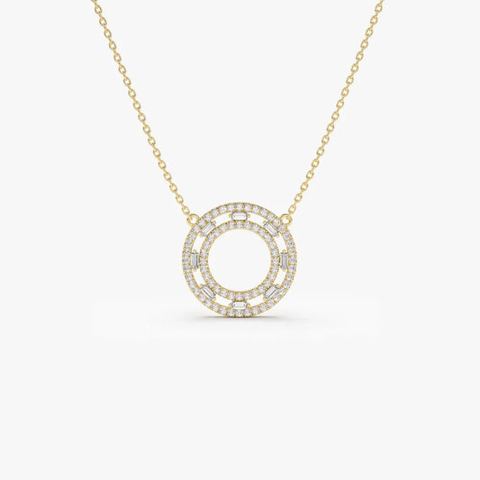 14k Solid Gold Round and Baguette Diamond Full Circle Necklace 0.44 Carat
