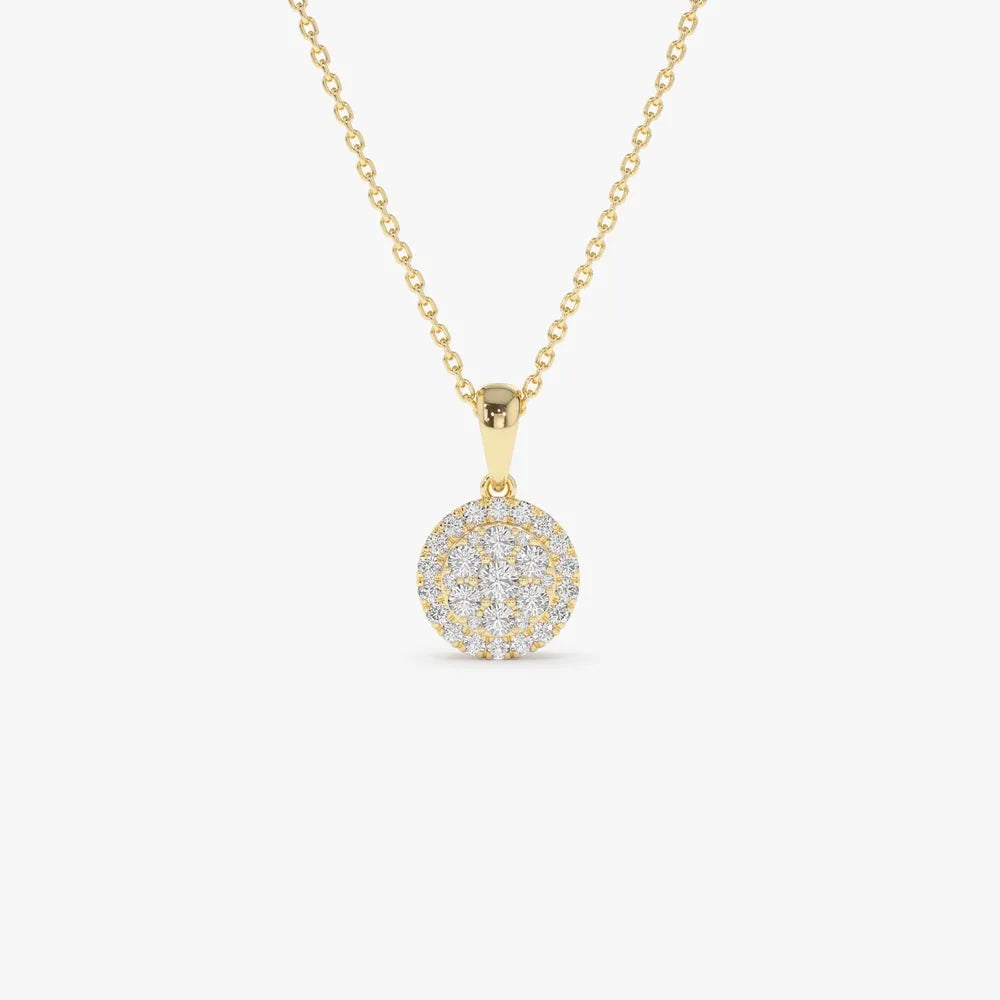 14K Solid Gold Round Diamond Illusion Cluster Disc Necklace 0.42ctw