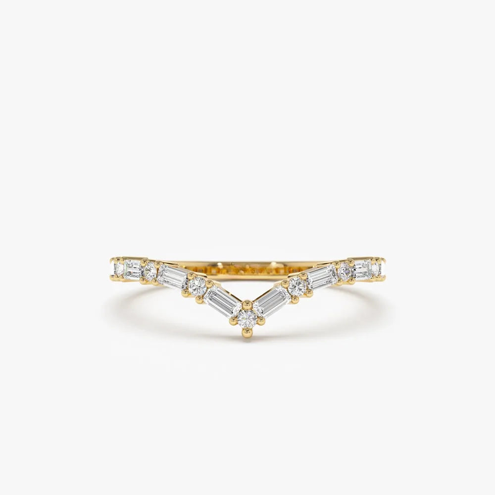 14k Gold Baguette and Round Diamond 0.36 ctw Chevron Ring