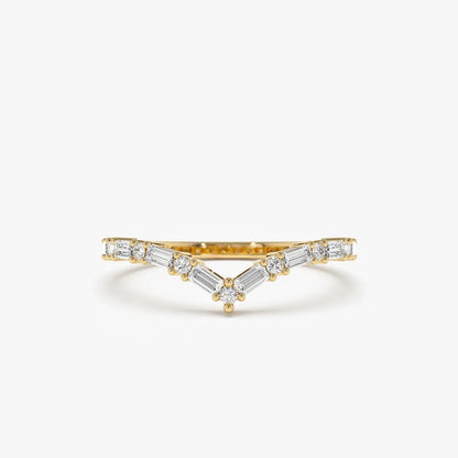 14k Gold Baguette and Round Diamond 0.36 ctw Chevron Ring
