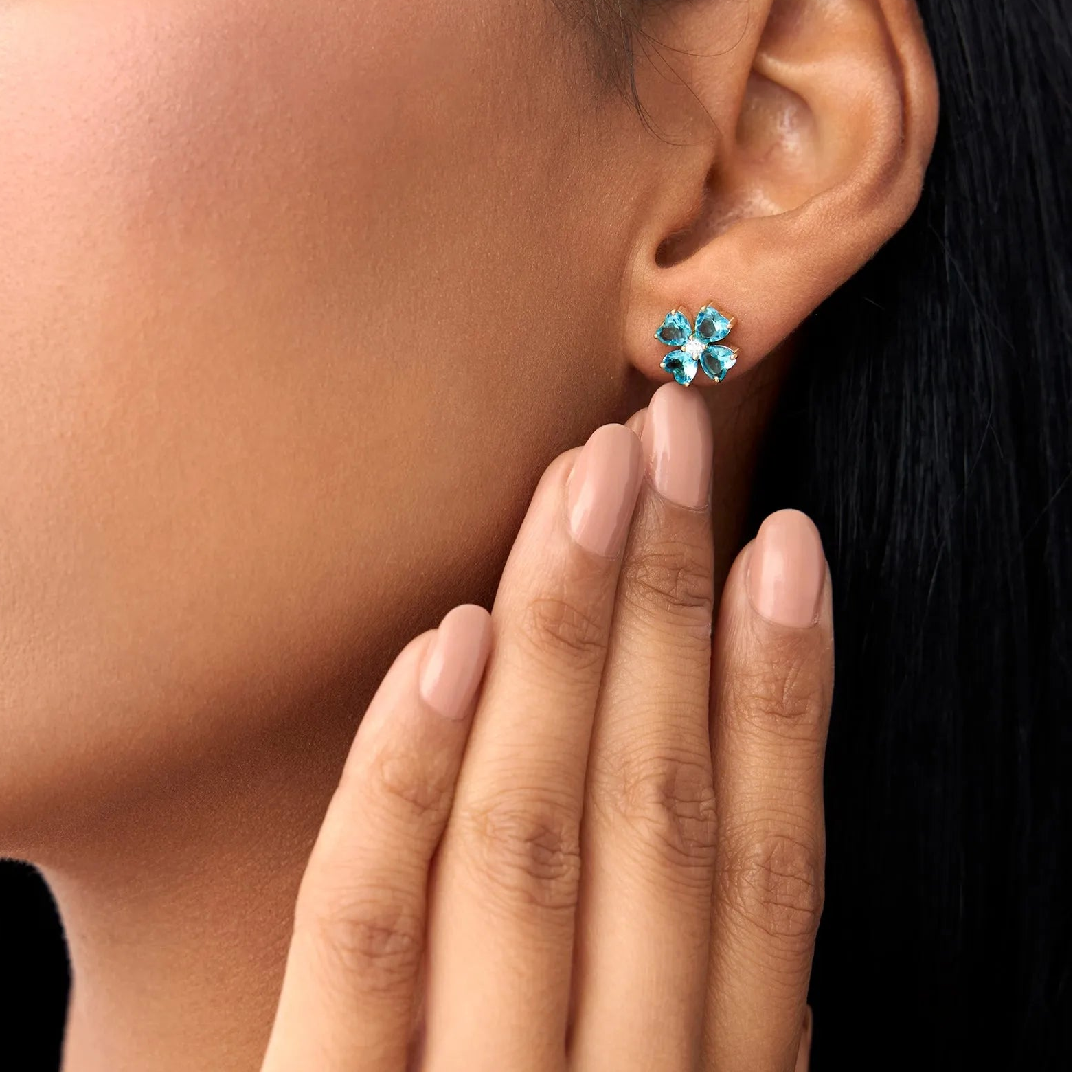 14K Gold Heart Shaped London Blue Topaz and Diamond Four Leaf Clover Stud Earrings