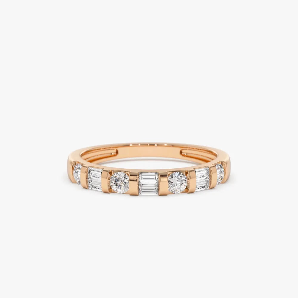 14K Solid Gold Double Baguette and Round Diamond 0.50 Carat Wedding Ring