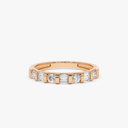 14K Solid Gold Double Baguette and Round Diamond 0.50 Carat Wedding Ring
