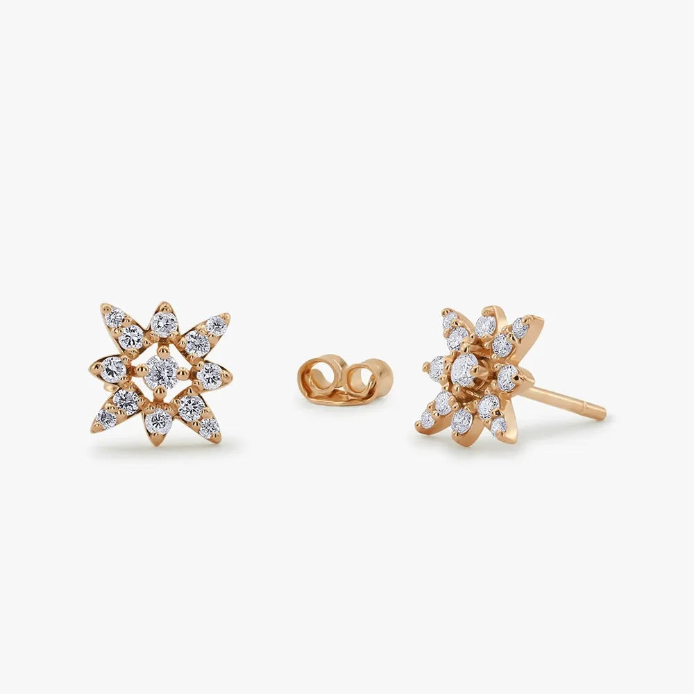 14k Gold Diamond Round Cut Compass Star Stud Earrings Prong Setting 0.42 ctw