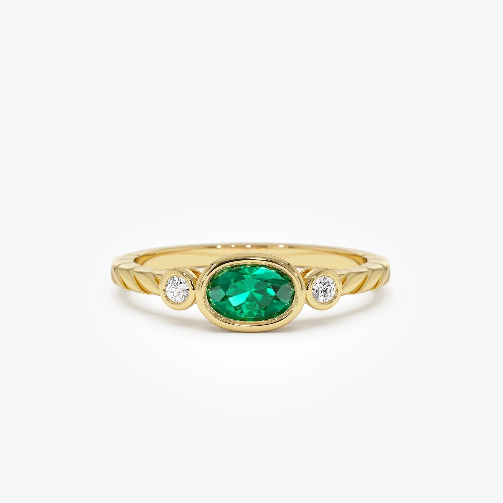 14K Gold Oval Emerald Round Diamond Three Stone Ring 0.57 CTW Custom Jewelry