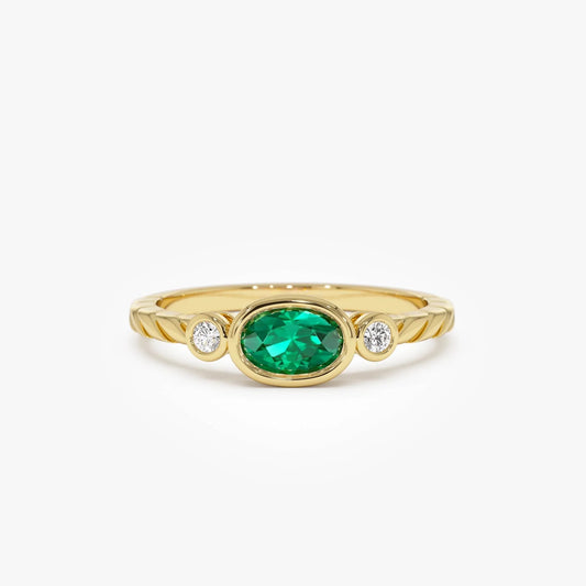 14K Gold Oval Emerald Round Diamond Three Stone Ring 0.57 CTW Custom Jewelry