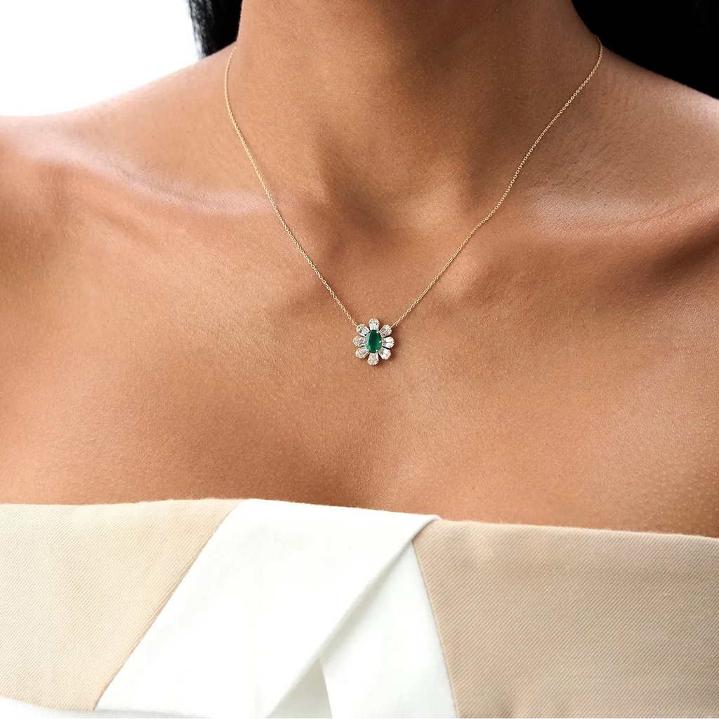 14k Solid Gold Oval Emerald and Baguette Round Diamond 0.65 CTW Necklace