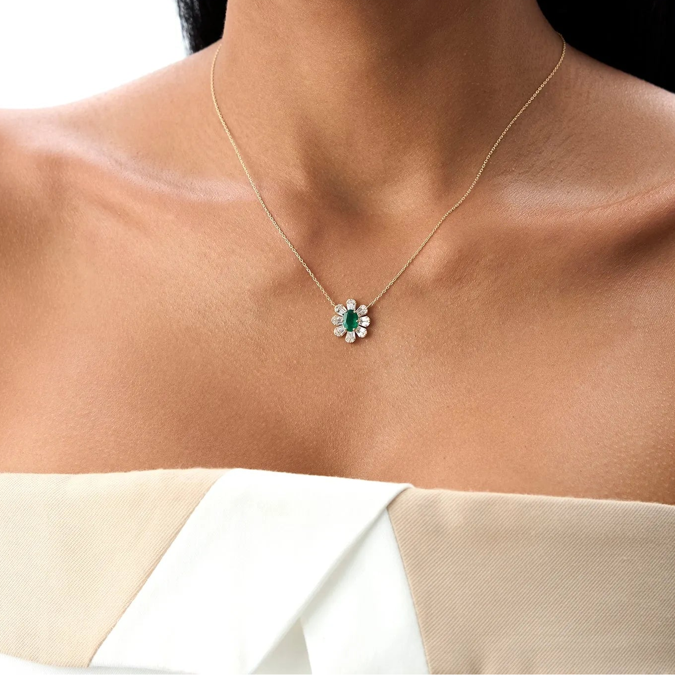 14k Solid Gold Oval Emerald and Baguette Round Diamond 0.65 CTW Necklace